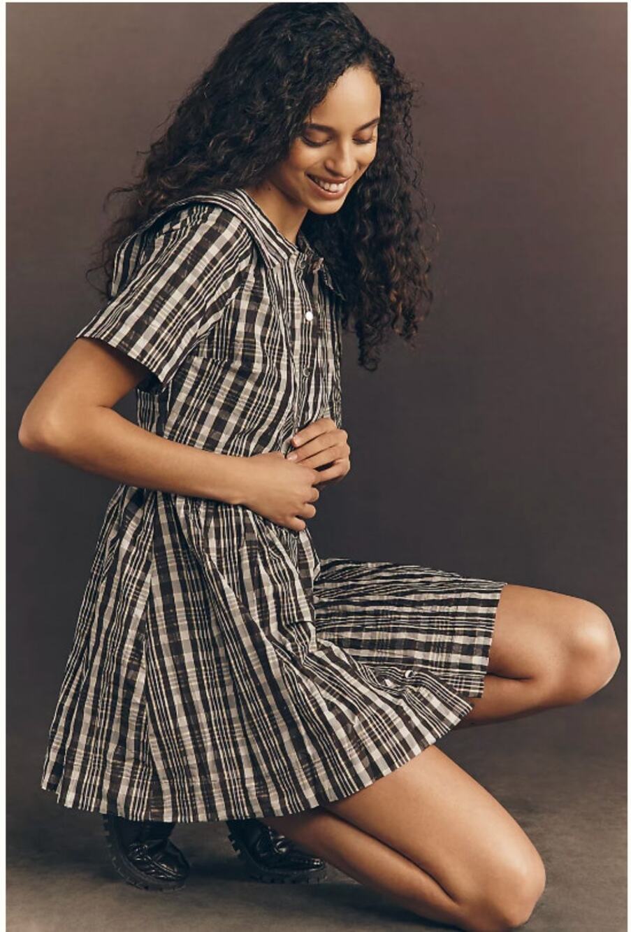 Anthropologie Black and White Plaid Short-Sleeve Mini Dress